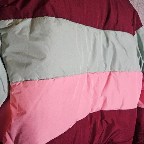 Gianni Bini Colorblock Puffer Coat L Burgundy Pink Mint Y2K Après-Ski Streetwear - Picture 6 of 10